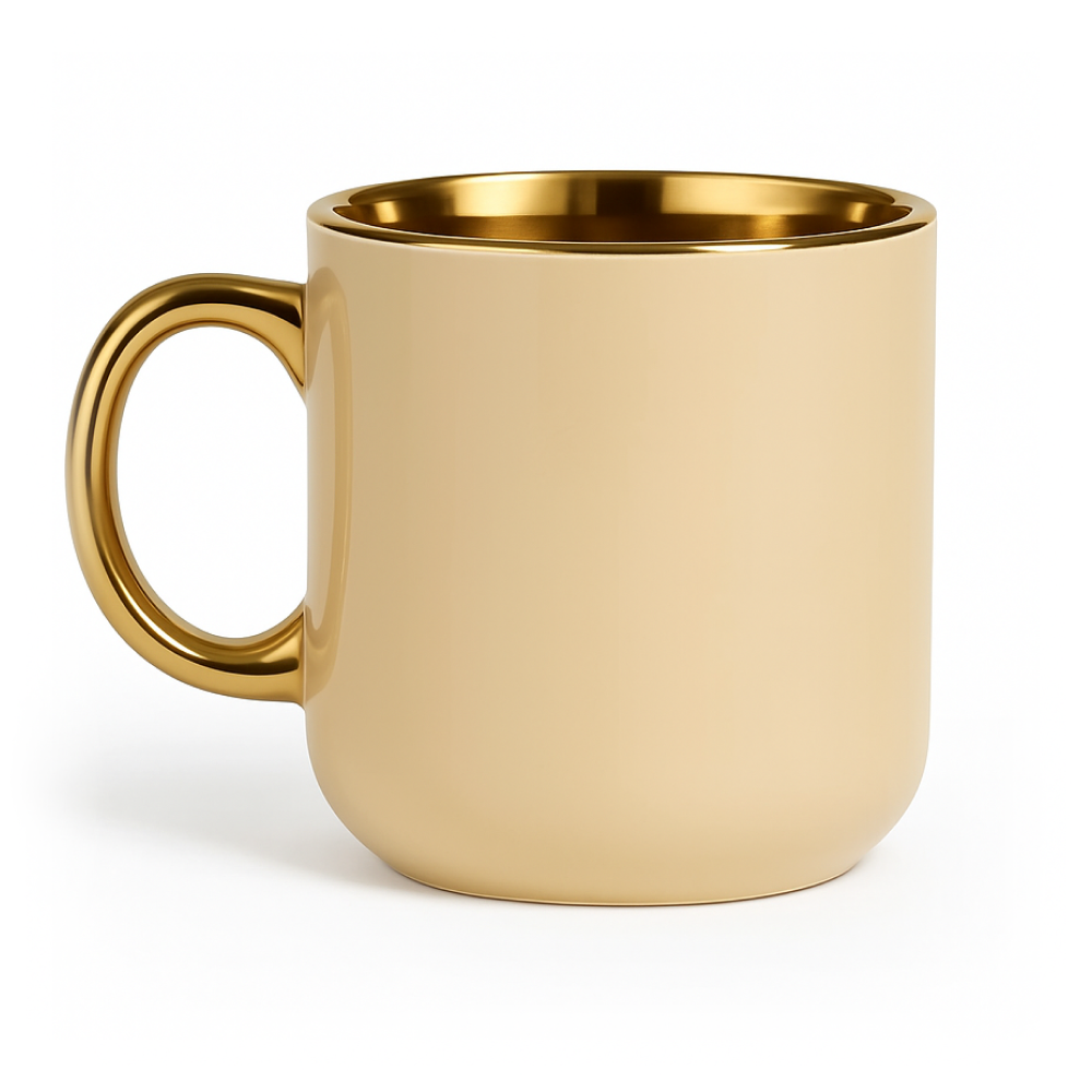 Beżowy ceramiczny kubek ze złotym wnętrzem i połyskującym złotym uchem na jasnym tle — zdjęcie produktowe.