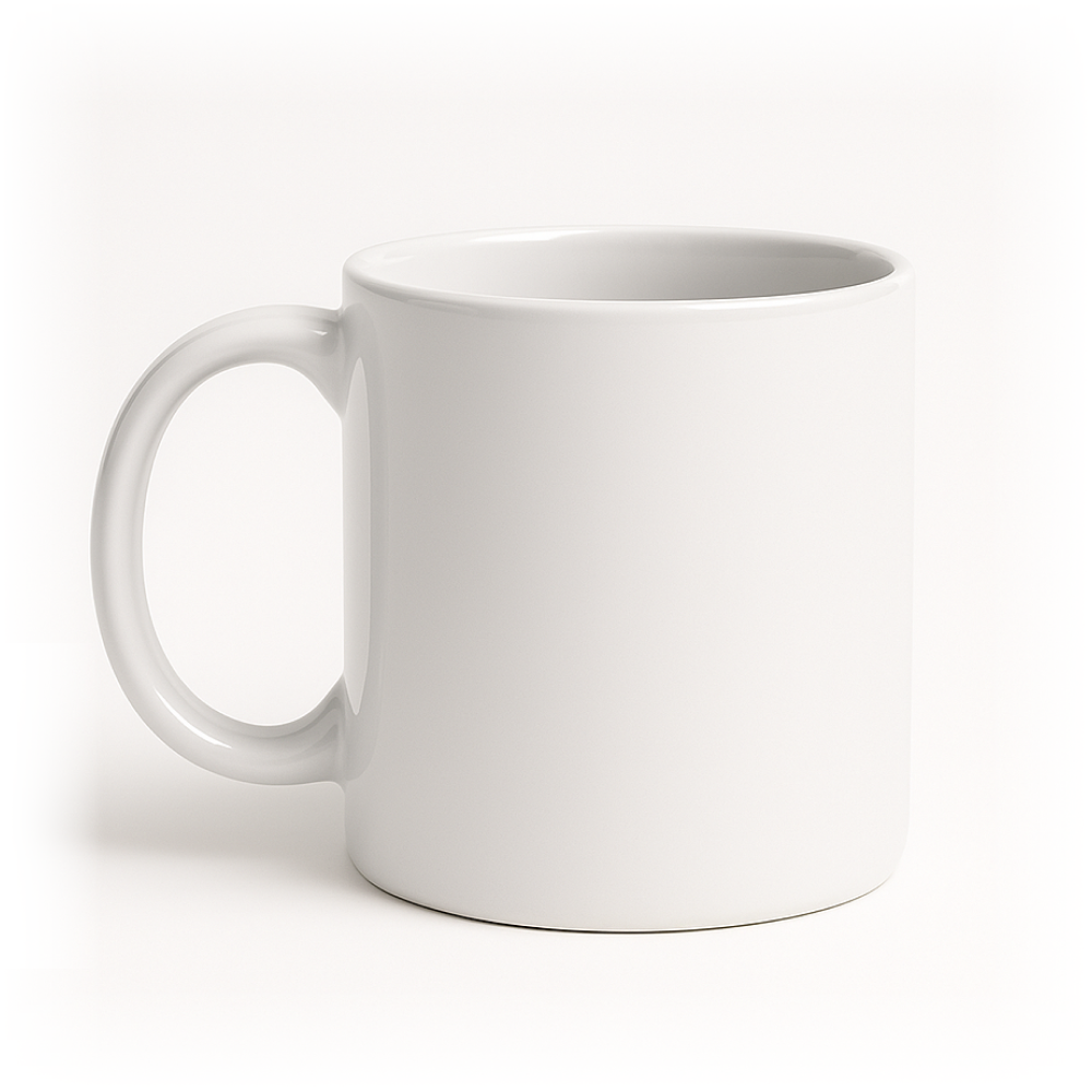 Biały ceramiczny kubek uchem na czystym, jasnym tle — zdjęcie produktowe.