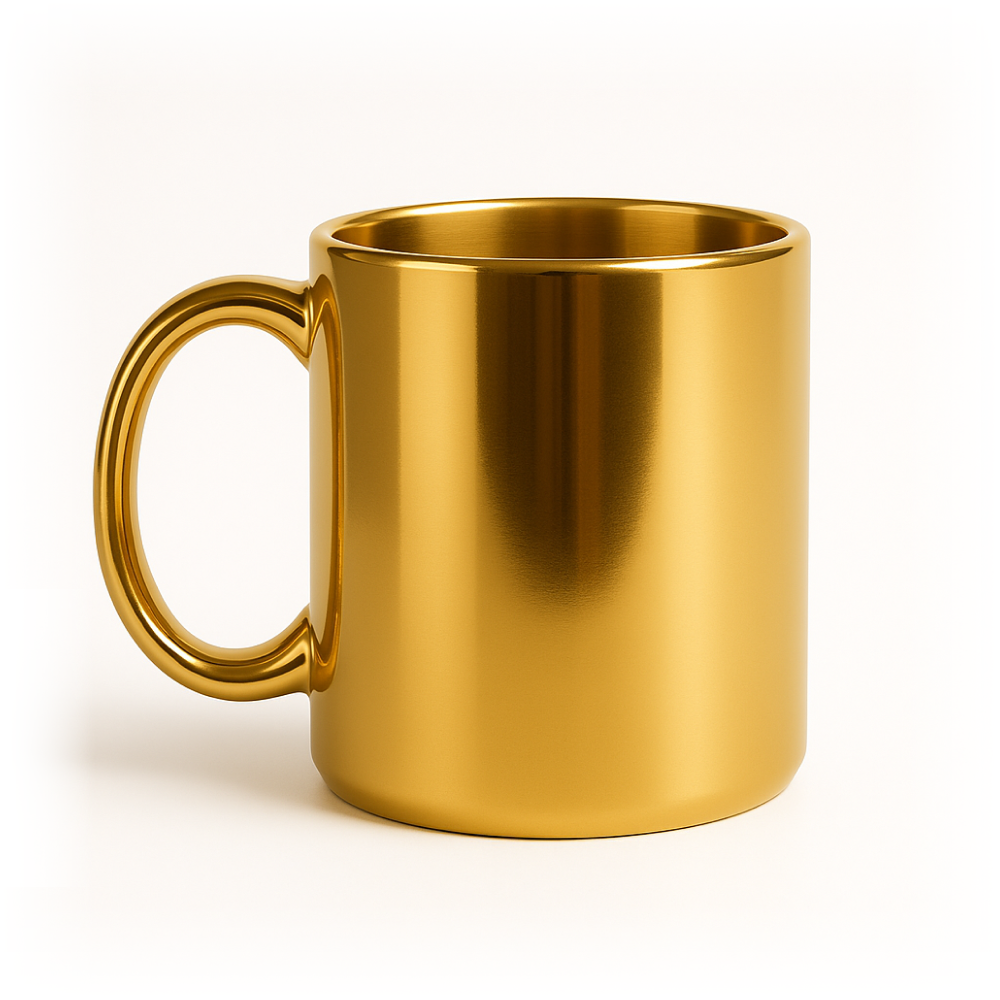 Złoty ceramiczny kubek uchem na czystym, jasnym tle — zdjęcie produktowe.