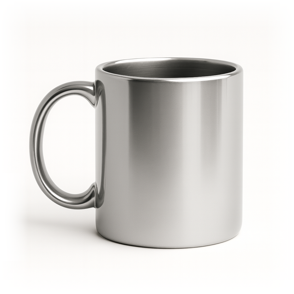 Srebrny ceramiczny kubek uchem na czystym, jasnym tle — zdjęcie produktowe.