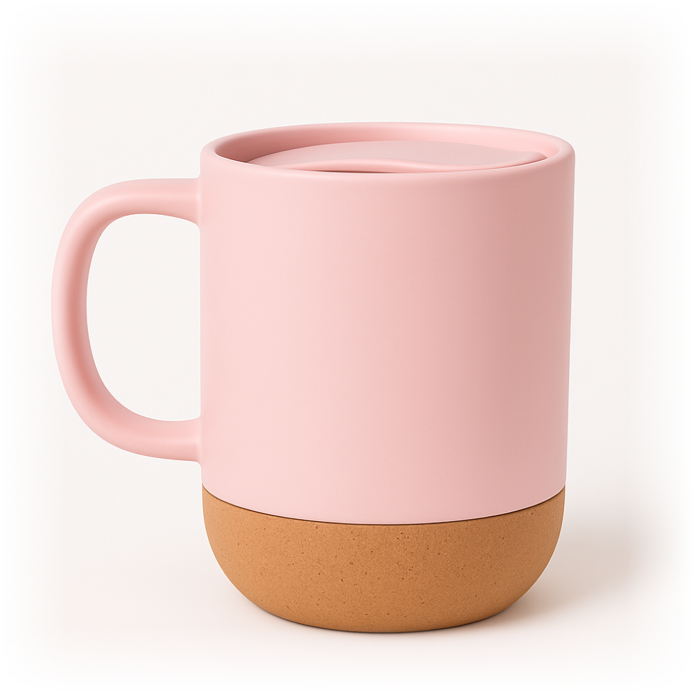 Różowy kubek z uchem z korkowym spodem na czystym białym tle — zdjęcie produktowe.