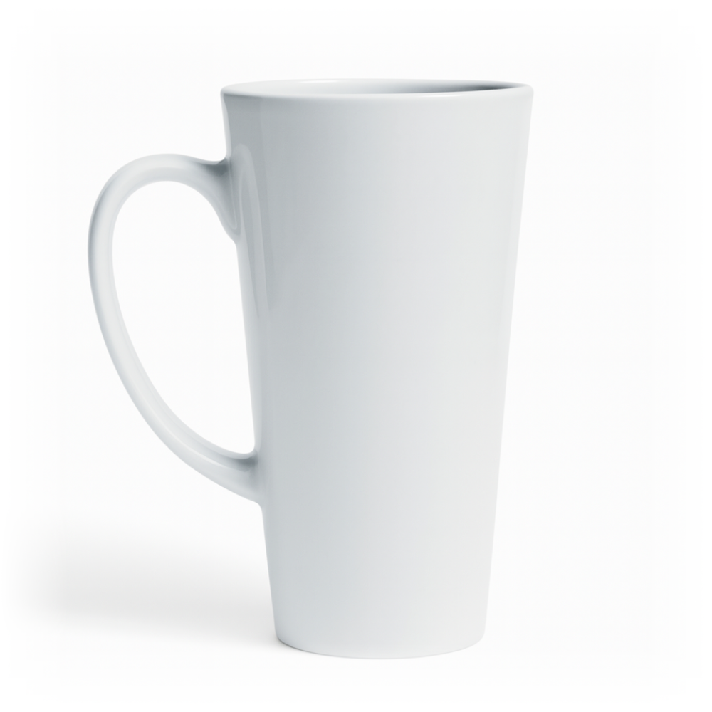 Biała ceramiczna podłużna filiżanka z uchem w kształcie lejka - zdjęcie produktowe na białym tle