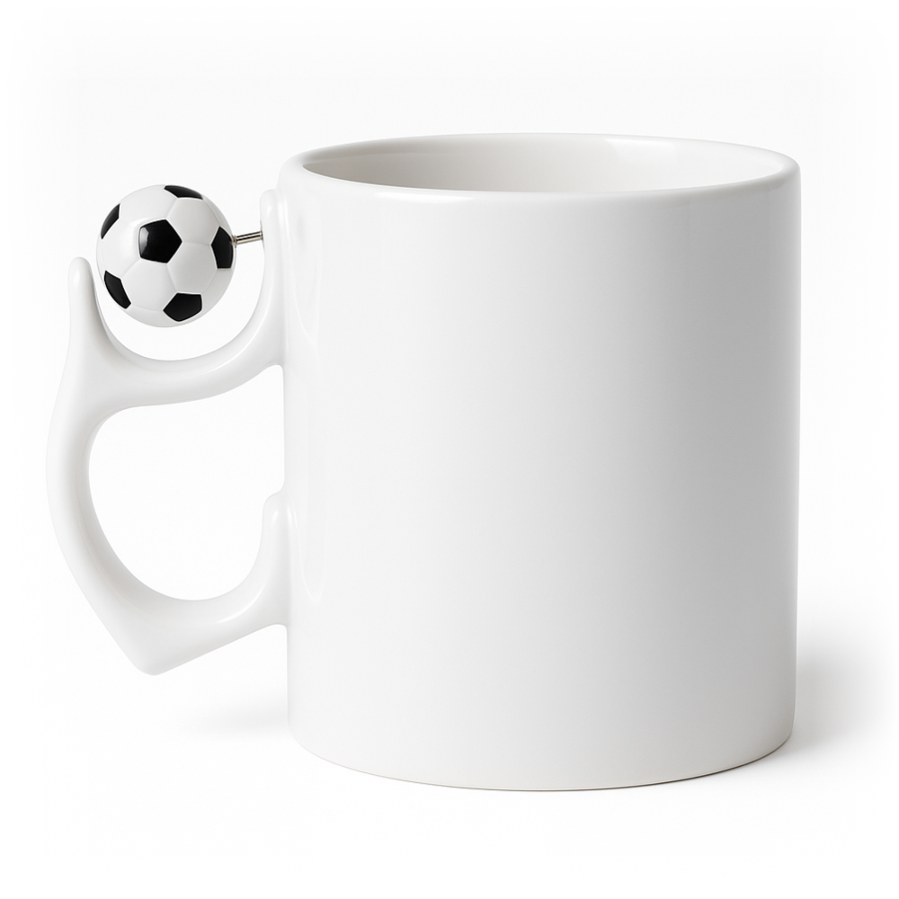 Biały kubek z uchwytem ozdobionym miniaturową piłką nożną — zdjęcie produktowe na białym tle.