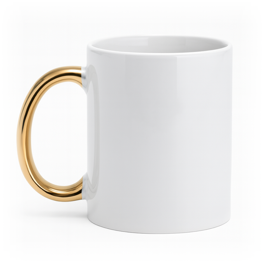 Biały ceramiczny kubek z połyskującym złotym uchem na czystym, jasnym tle — zdjęcie produktowe.
