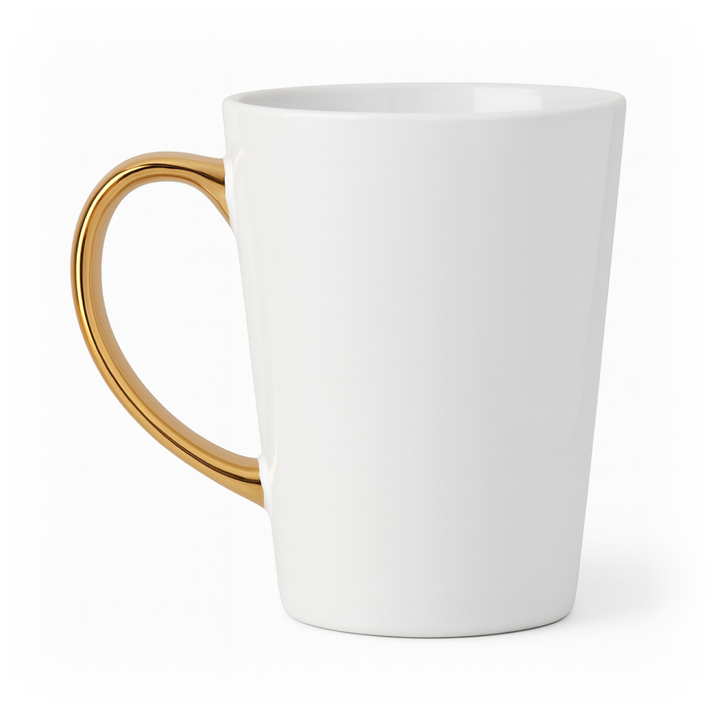 Biały ceramiczny kubek z eleganckim złotym uchem na czystym, białym tle — zdjęcie produktowe.