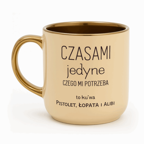 Beżowy kubek ze złotym środkiem i uchwytem z czarnym napisem w języku polskim: ‘Czasami jedyne, czego mi potrzeba, to ku*wa pistolet, łopata i alibi