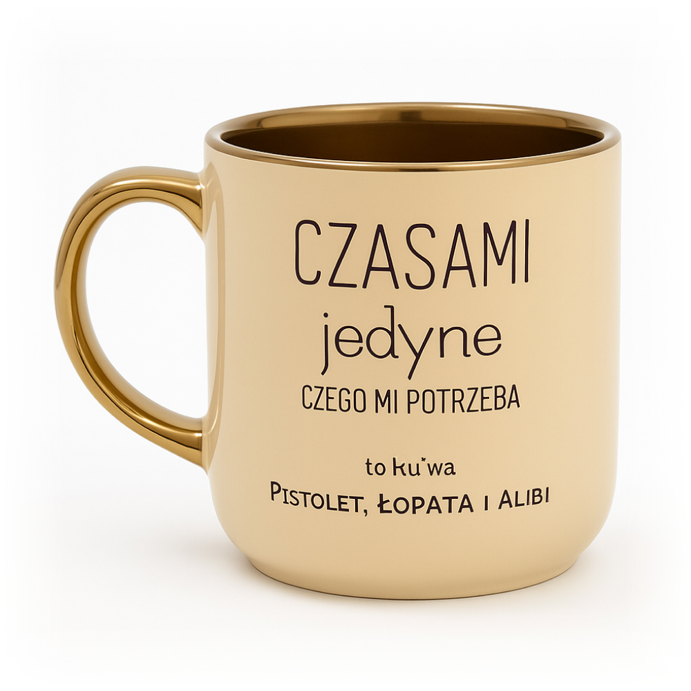 Beżowy kubek ze złotym środkiem i uchwytem z czarnym napisem w języku polskim: ‘Czasami jedyne, czego mi potrzeba, to ku*wa pistolet, łopata i alibi