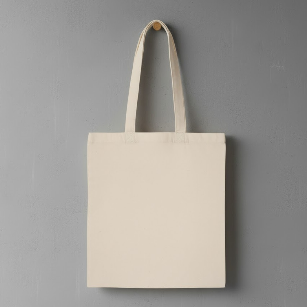 Beżowa, prosta materiałowa torba na ramię bez nadruku, wisząca na drewnianym haczyku na szarej ścianie