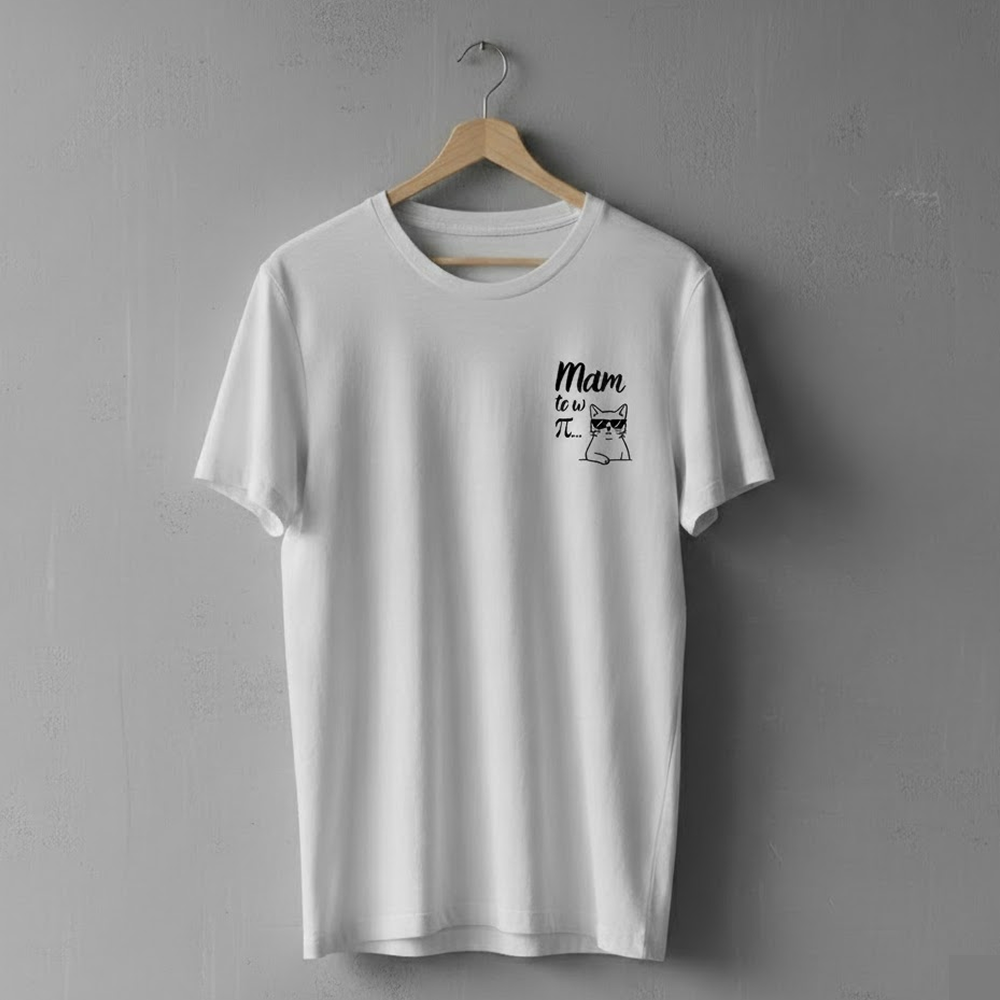 Biała koszulka wisząca na wieszaku na szarej ścianie. Po lewej stronie klatki piersiowej znajduje się czarny nadruk z napisem ‘Mam to w π…’ oraz rysunkiem kota o obojętnym wyrazie twarzy