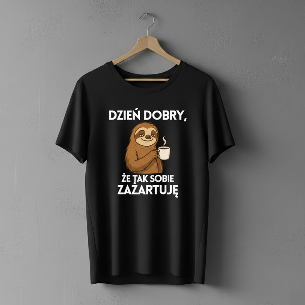 Czarna koszulka wisząca na wieszaku na tle szarej ściany. Na przodzie znajduje się ilustracja uśmiechniętego leniwca trzymającego kubek z parującym napojem oraz biały napis: ‘DZIEŃ DOBRY, ŻE TAK SOBIE ZAŻARTUJĘ’