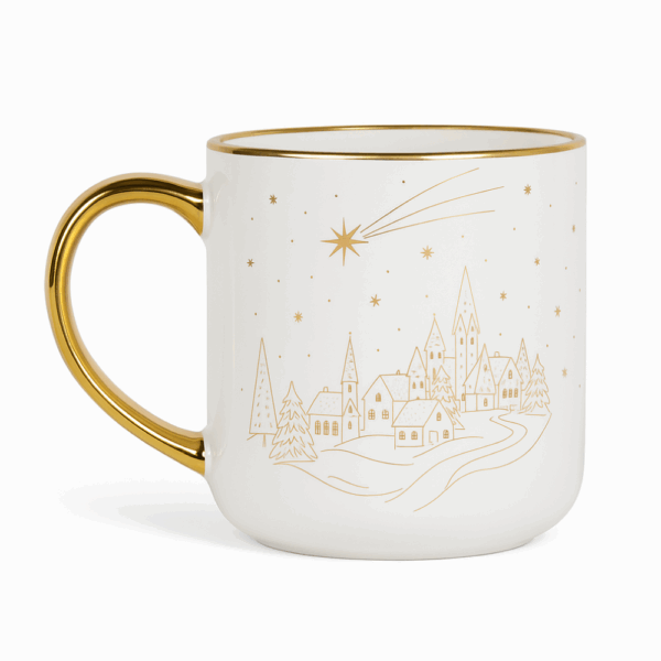 Biała porcelanowa filiżanka ze złotym uchem i złotym rantem, ozdobiona delikatnym złotym rysunkiem zimowej wioski pod rozgwieżdżonym niebem z kometą