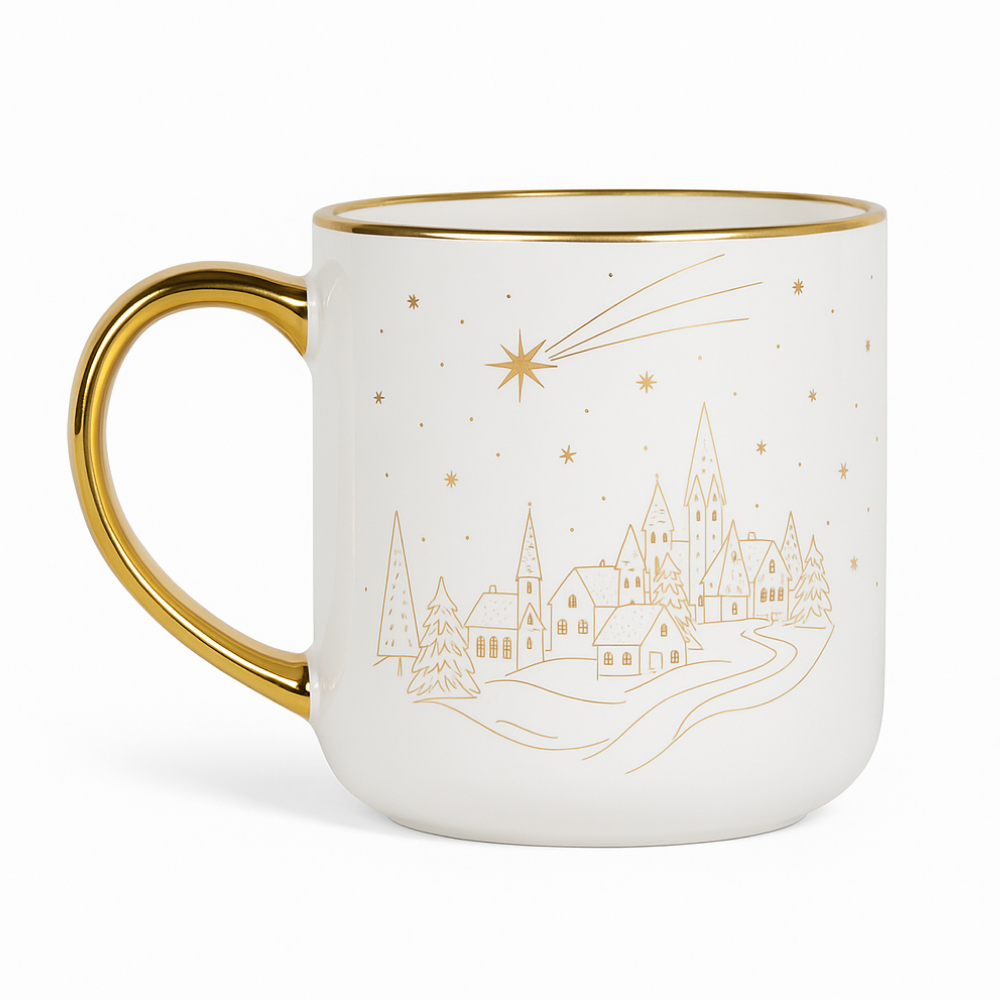 Biała porcelanowa filiżanka ze złotym uchem i złotym rantem, ozdobiona delikatnym złotym rysunkiem zimowej wioski pod rozgwieżdżonym niebem z kometą