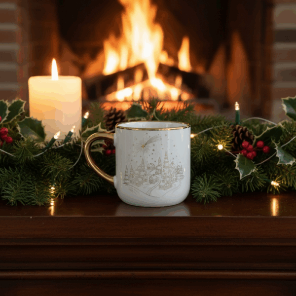 „Biały kubek ze złotym uchem i złotym rysunkiem zimowej wioski pod spadającą gwiazdą, ustawiony w świątecznej aranżacji z gałązkami iglastymi, szyszkami, lampkami i zapaloną świecą na tle kominka