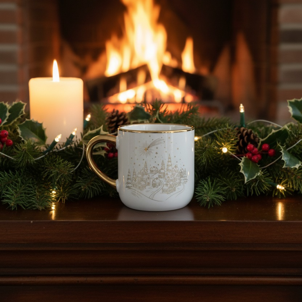„Biały kubek ze złotym uchem i złotym rysunkiem zimowej wioski pod spadającą gwiazdą, ustawiony w świątecznej aranżacji z gałązkami iglastymi, szyszkami, lampkami i zapaloną świecą na tle kominka