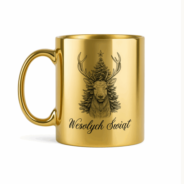 Złoty, połyskujący kubek z czarnym rysunkiem jelenia na tle choinki ze świąteczną gwiazdą na czubku oraz napisem ‘Wesołych Świąt’ u dołu