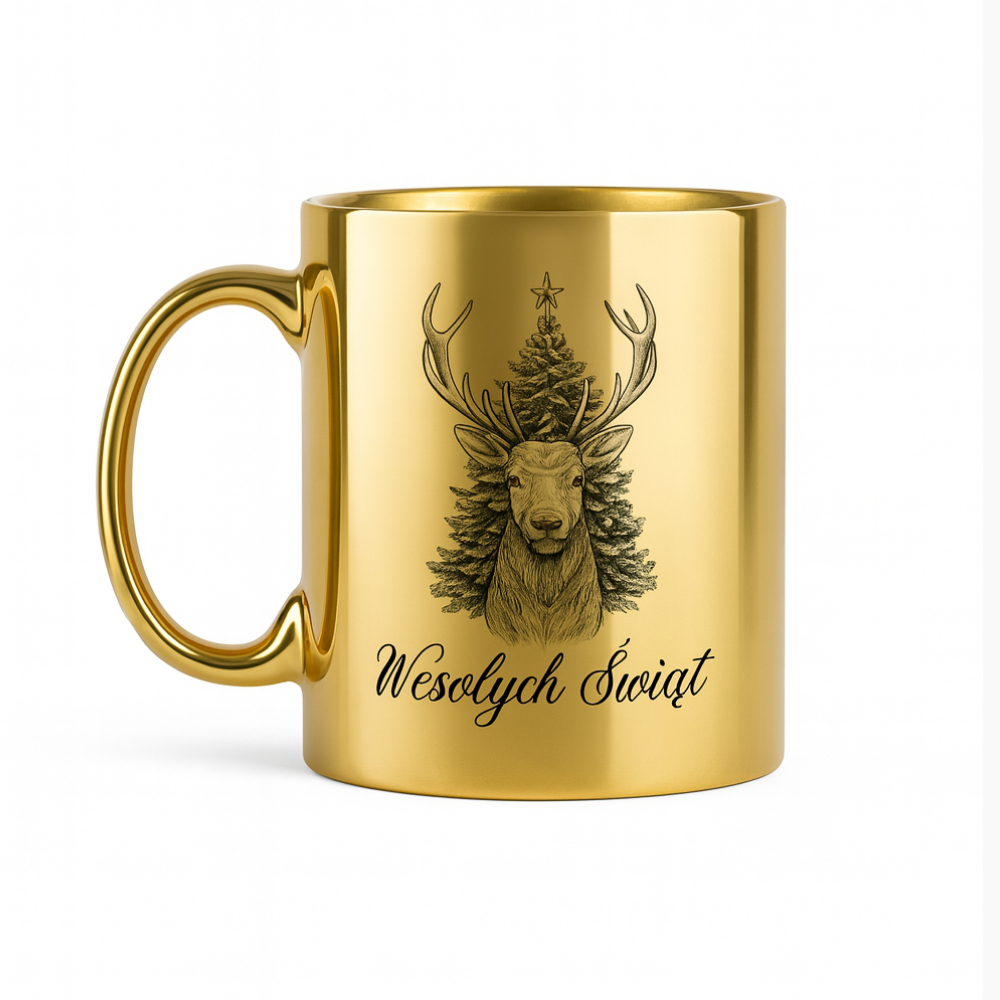 Złoty, połyskujący kubek z czarnym rysunkiem jelenia na tle choinki ze świąteczną gwiazdą na czubku oraz napisem ‘Wesołych Świąt’ u dołu