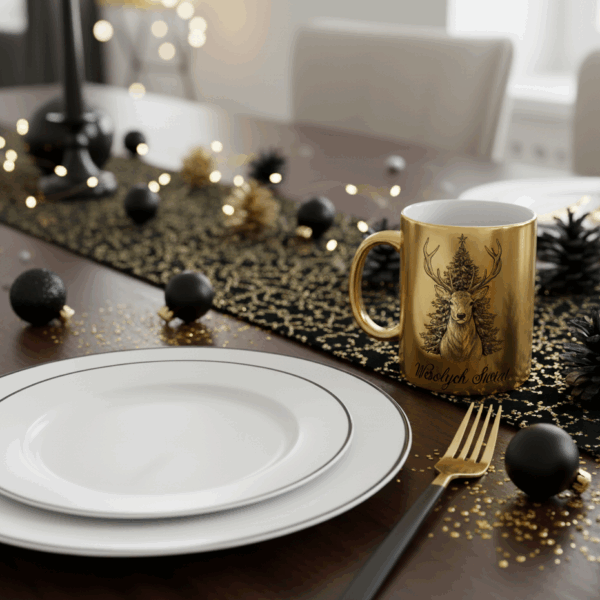 Świąteczna aranżacja, w tle złoty kubek z rysunkiem jelenia przed choinką i napisem ‘Wesołych Świąt’, otoczony czarnymi i złotymi dekoracjami oraz drobnymi światełkami
