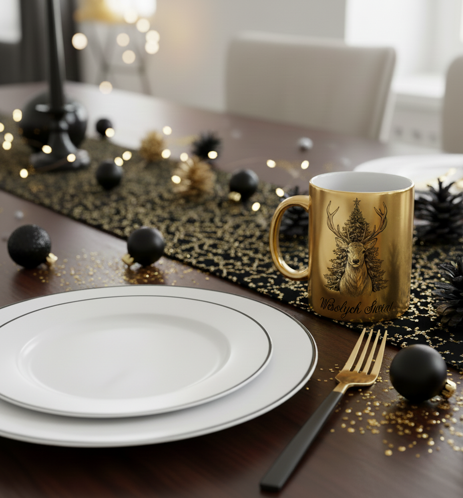 Świąteczna aranżacja, w tle złoty kubek z rysunkiem jelenia przed choinką i napisem ‘Wesołych Świąt’, otoczony czarnymi i złotymi dekoracjami oraz drobnymi światełkami