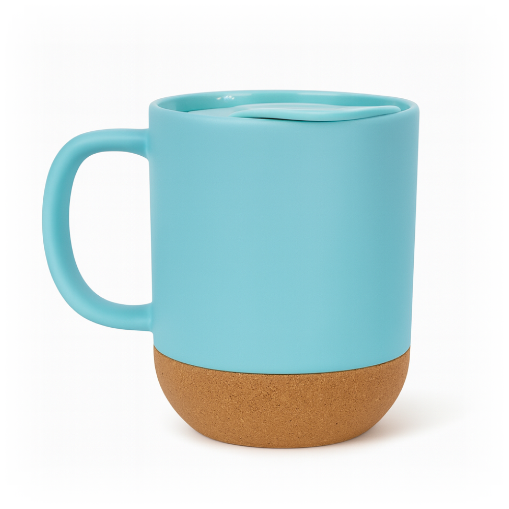 Błękitny kubek z uchem z korkowym spodem na czystym białym tle — zdjęcie produktowe.