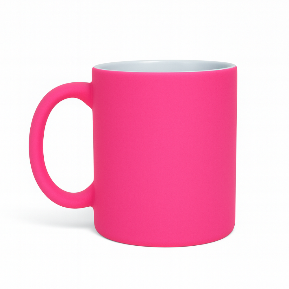 Różowy ceramiczny kubek uchem i białym wnętrzem na czystym, jasnym tle — zdjęcie produktowe.