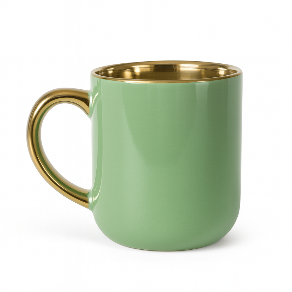 Zielony ceramiczny kubek ze złotym wnętrzem i połyskującym złotym uchem na jasnym tle — zdjęcie produktowe.