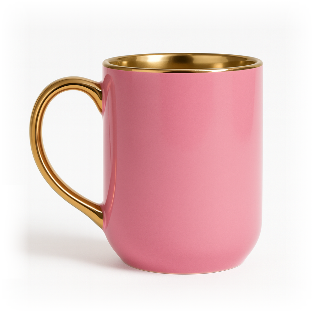 Różowy ceramiczny kubek ze złotym wnętrzem i połyskującym złotym uchem na jasnym tle — zdjęcie produktowe.