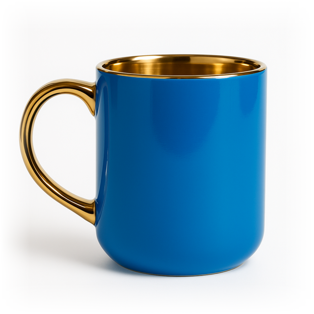 Niebieski ceramiczny kubek ze złotym wnętrzem i połyskującym złotym uchem na jasnym tle — zdjęcie produktowe.