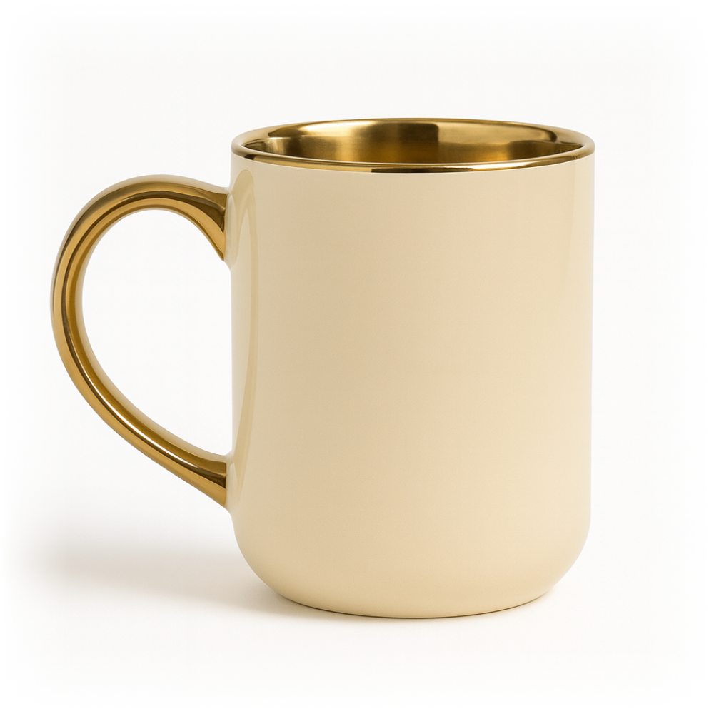 Beżowy ceramiczny kubek ze złotym wnętrzem i połyskującym złotym uchem na jasnym tle — zdjęcie produktowe.