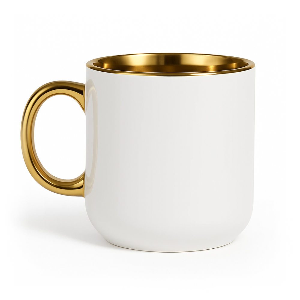 Biały ceramiczny kubek ze złotym wnętrzem i połyskującym złotym uchem na jasnym tle — zdjęcie produktowe.