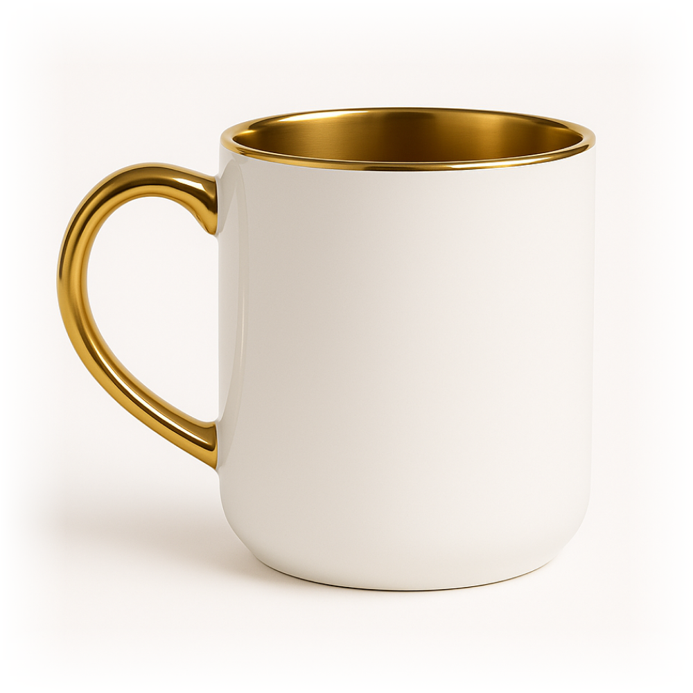 Biały mały ceramiczny kubek ze złotym wnętrzem i połyskującym złotym uchem na jasnym tle — zdjęcie produktowe.