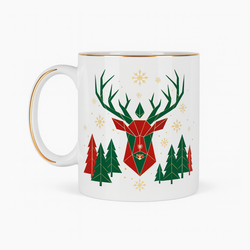 Biały kubek ze złotym rantem i ozdobnym złotym detalem na uchu, przedstawiający geometryczny czerwono-zielony wizerunek jelenia w otoczeniu świątecznych choinek i złotych płatków śniegu