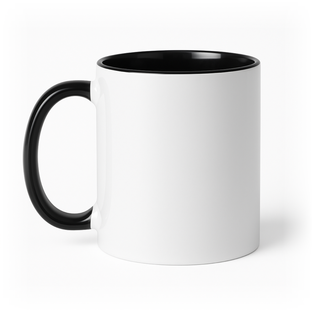 Biały kubek z czarnym wnętrzem i czarnym uchem na czystym, białym tle — zdjęcie produktowe.