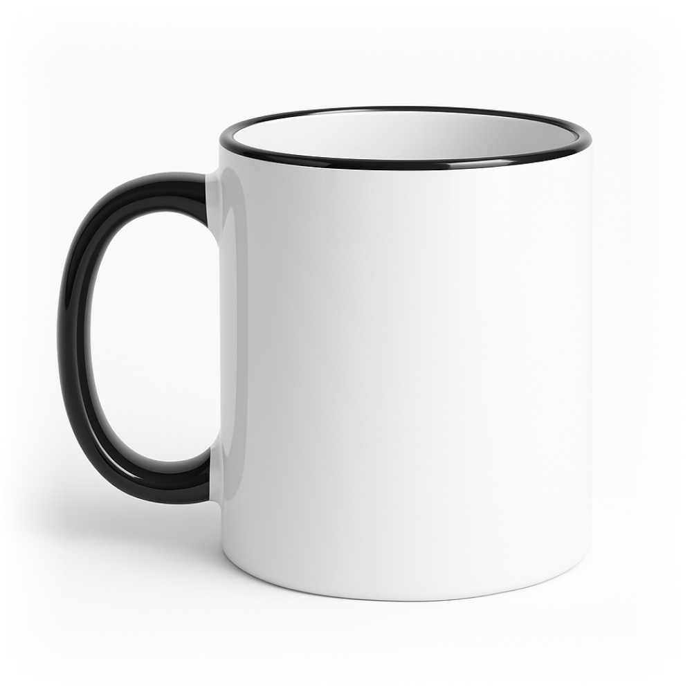 Biały kubek z czarną obramówką i czarnym uchem na czystym, białym tle — zdjęcie produktowe.